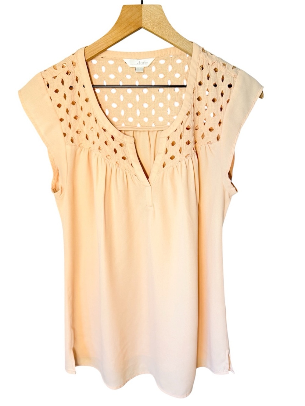 CHARMING CHARLIE Peach Eyelet Flowy Cap Sleeve Blouse Sz S